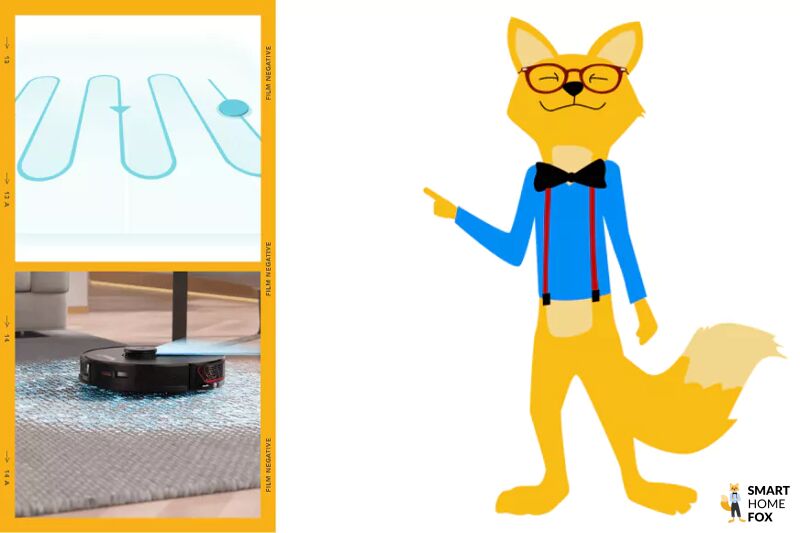 Der Smart Home Fox zeigt mit dem Finger auf die Darstellung der strukturierten Fahrweise eines Saugroboters mit einer Lasernavigation